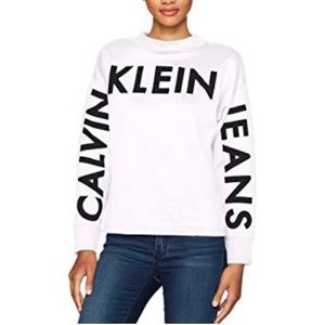Calvin Klein Traveling Logo White and Black Velvet Letter Crew Neck Sweater Top